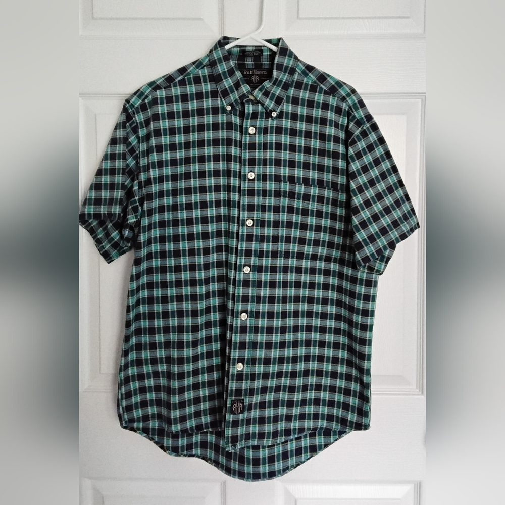 Ruff Hewn Short-Sleeve Plaid Button-Down Shirt in Teal and Navy